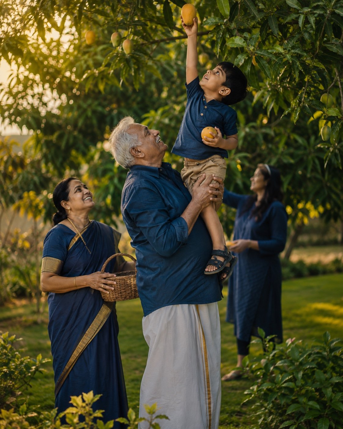 Grandfather and grandson walking past the temple and goshala at Urban Nest