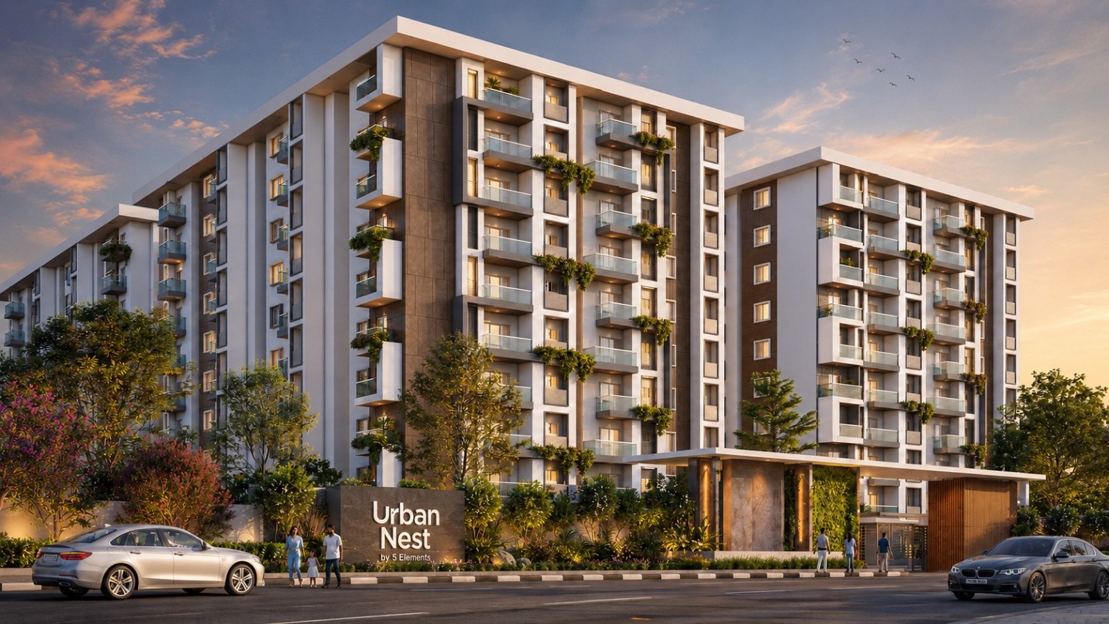 Urban Nest by 5 Elements — G+8 apartment towers at dusk off Mysore Road, Kambipura, Bengaluru