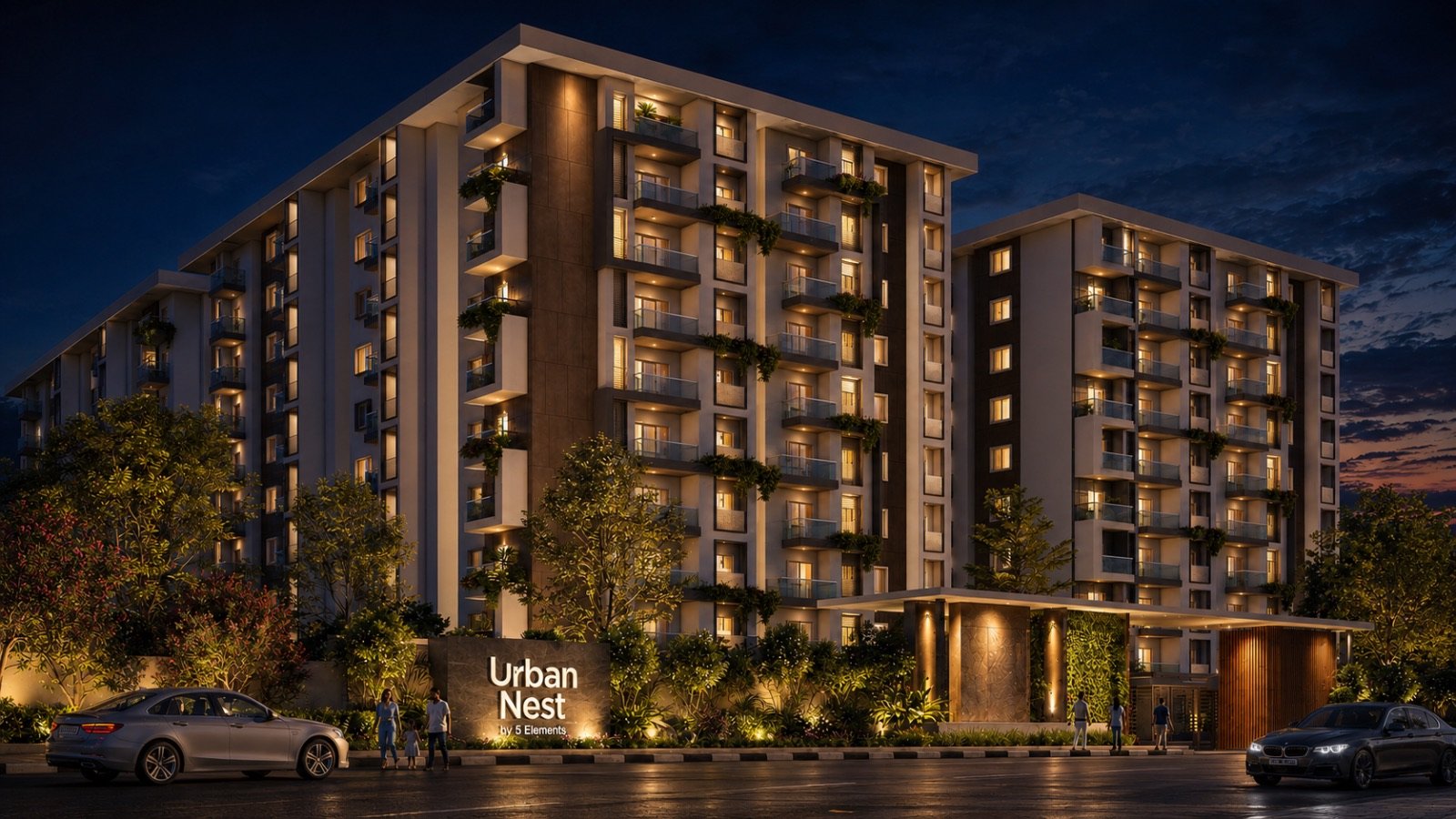 Urban Nest towers lit up at night
