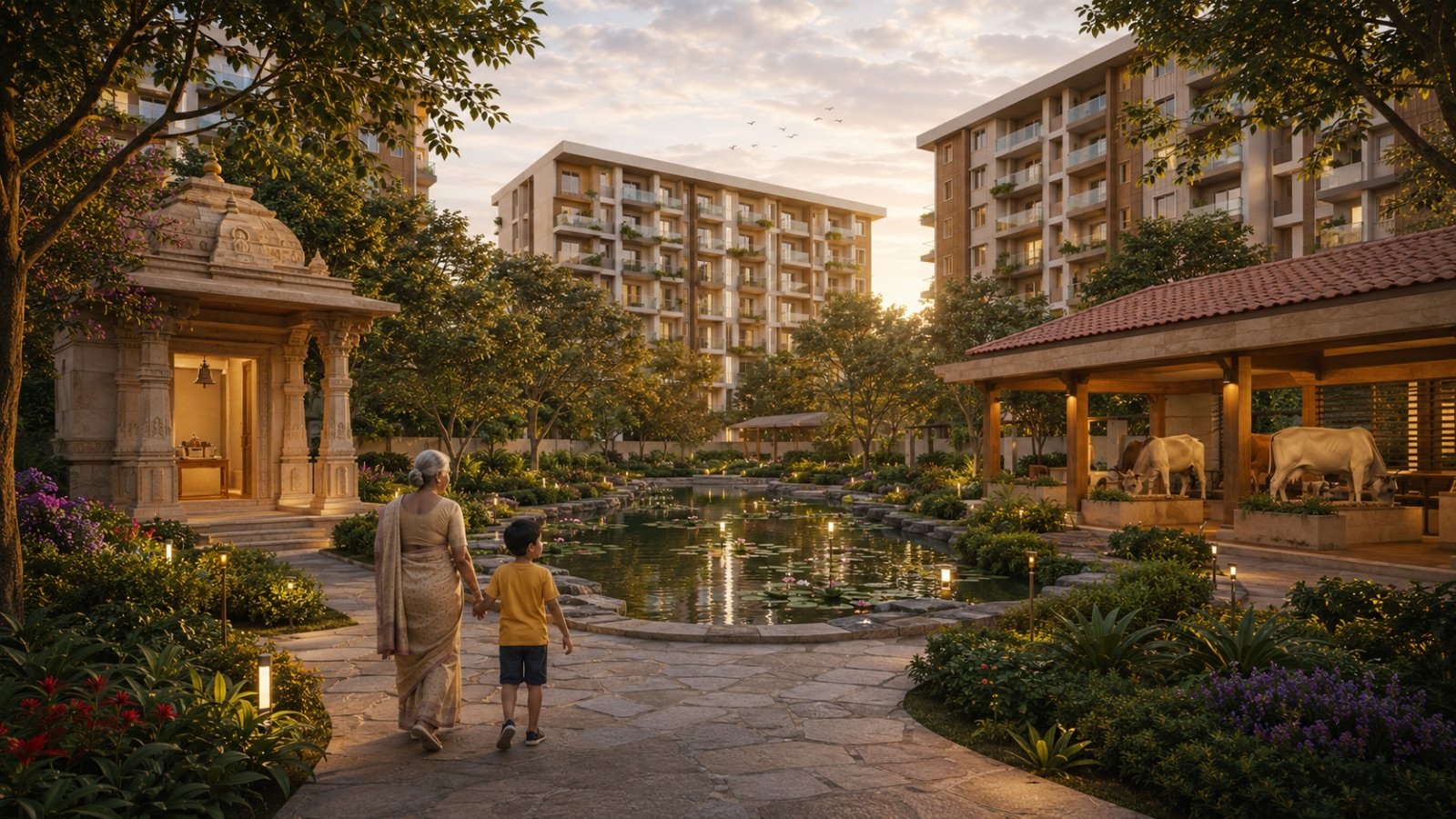 The Soul of Urban Nest — grandmother and grandchild by the temple, lotus pond and goshala at golden hour