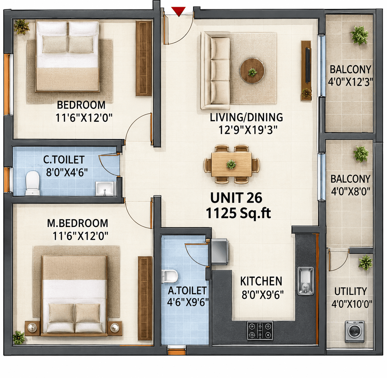 Urban Nest by 5 Elements 2 BHK North facing apartment floor plan, Kambipura, Mysore Road