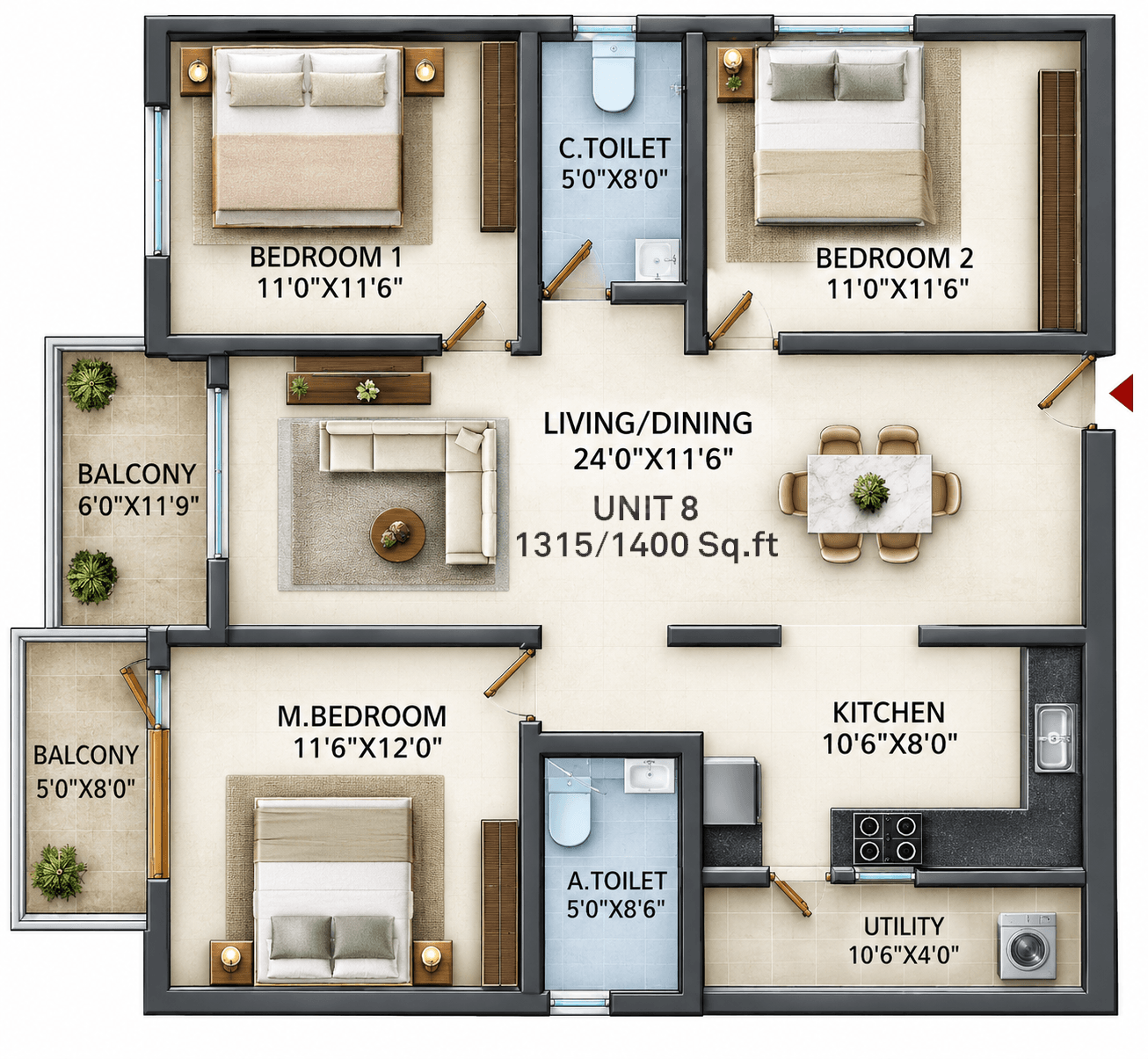 Urban Nest by 5 Elements 3 BHK East facing apartment floor plan, Kambipura, Mysore Road